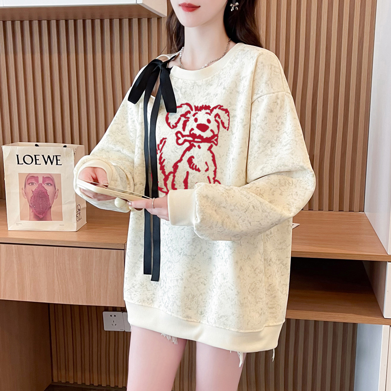 First release real shot of Huamian Fumi Milk Silk Large Size Streamer Bow Hollow Tie-Dye Printed Sweatshirt for Women