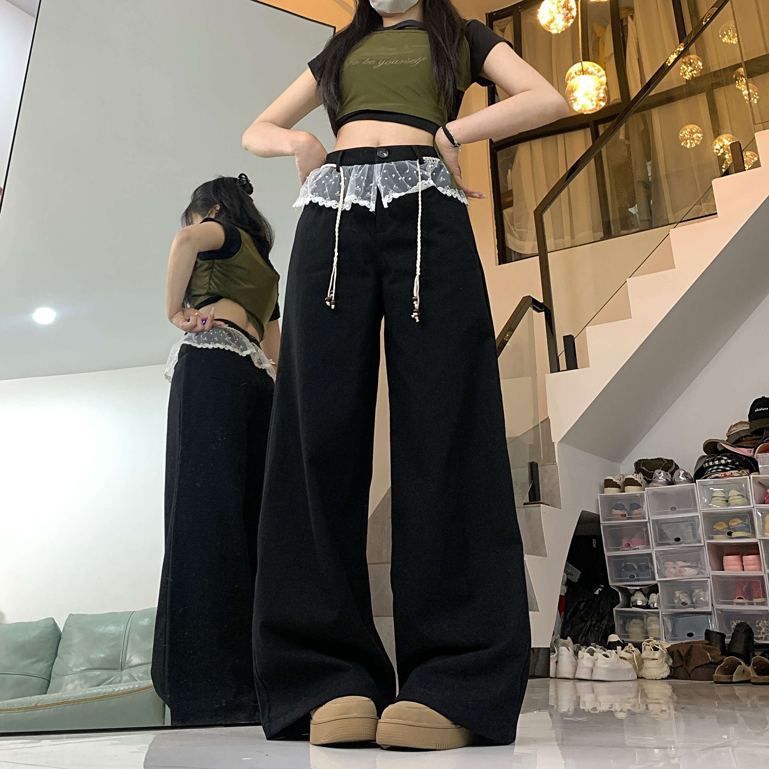 實拍蕾絲拼接花邊黑色休閒褲女春季新款寬鬆直筒拖地闊腿牛仔褲韓