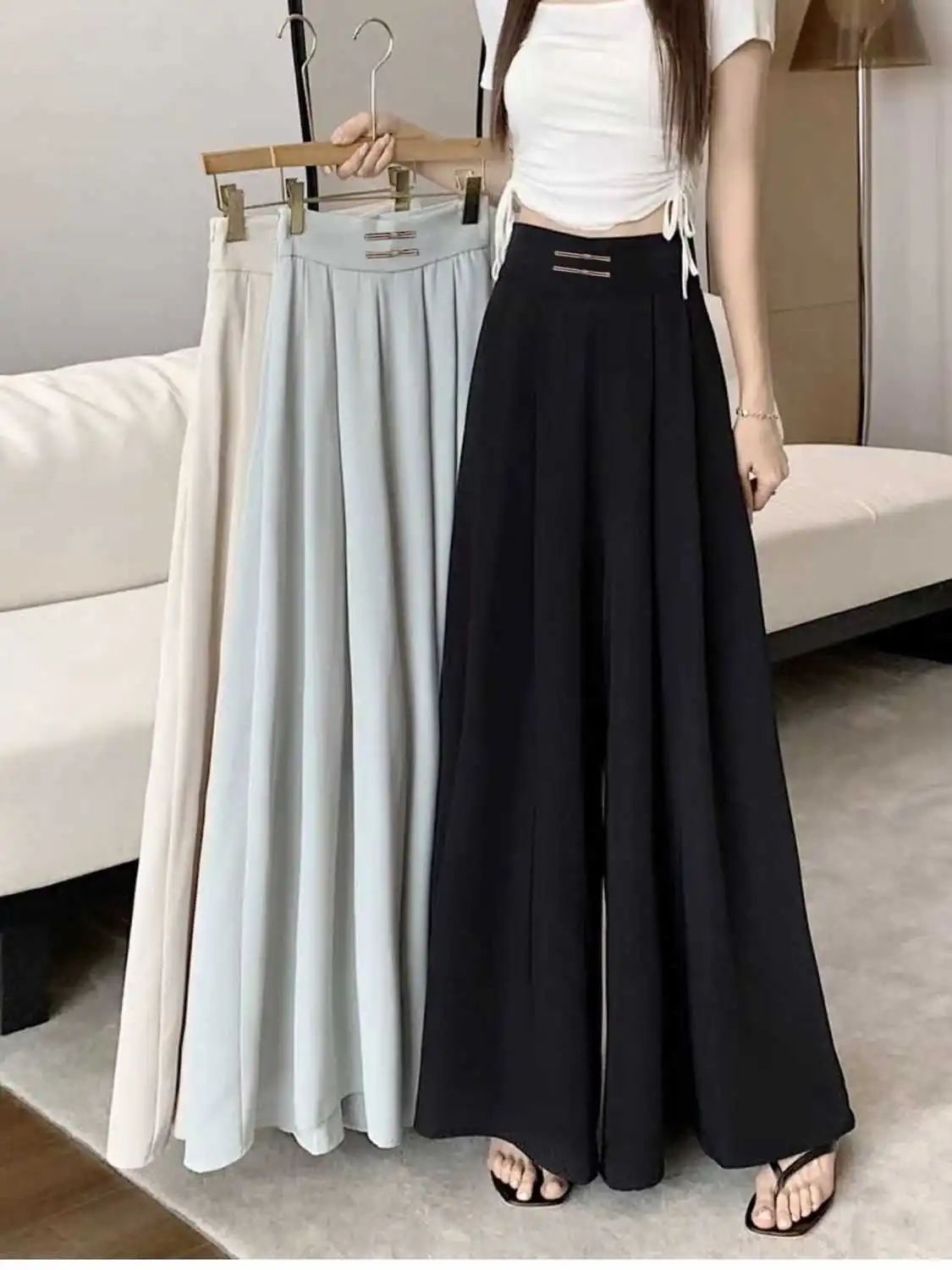 Summer and autumn ice silk chiffon buckle high waist pleated drooping wide legs drooping waist-covering belly long skirt and pants trendy