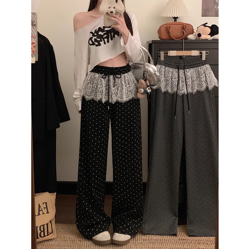 Korean foreign trade lace splicing polka dots butt curtain wide-leg pants for women's spring 2025 high-waist design casual pants