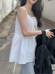 韓風Chic新款純色百搭減齡蕾絲花邊拼接繩收腰背心吊帶連衣裙女