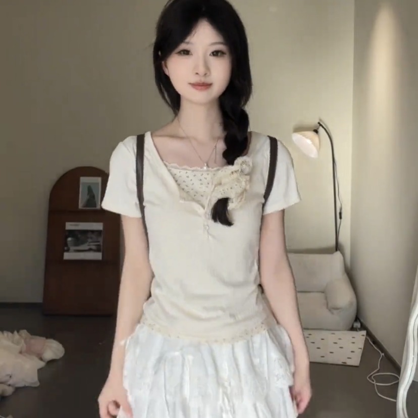 夏季新款甜妹小眾設計感蕾絲邊假兩件修身顯瘦上衣+蕾絲半身裙女