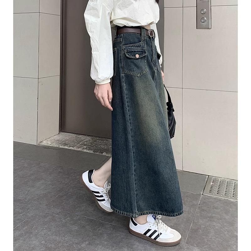 Retro Cowboy Half-Body Skirt for Women 2025 New Spring and Autumn Design High-Waisted A-Line Skirt Slimming Sheer Slit Medium-Length Dress