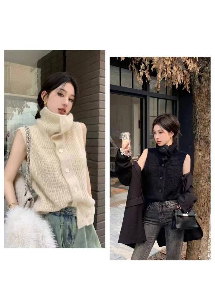 溫柔風無袖高領單排扣針織馬甲女秋裝修身顯瘦純色馬夾時髦上衣潮