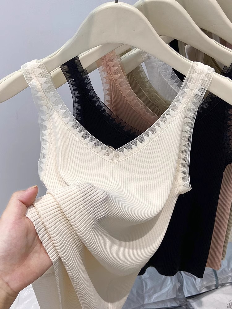 French chic sweet hot girl v-neck small suspender vest for women summer versatile sexy ice silk knitted lace sleeveless top