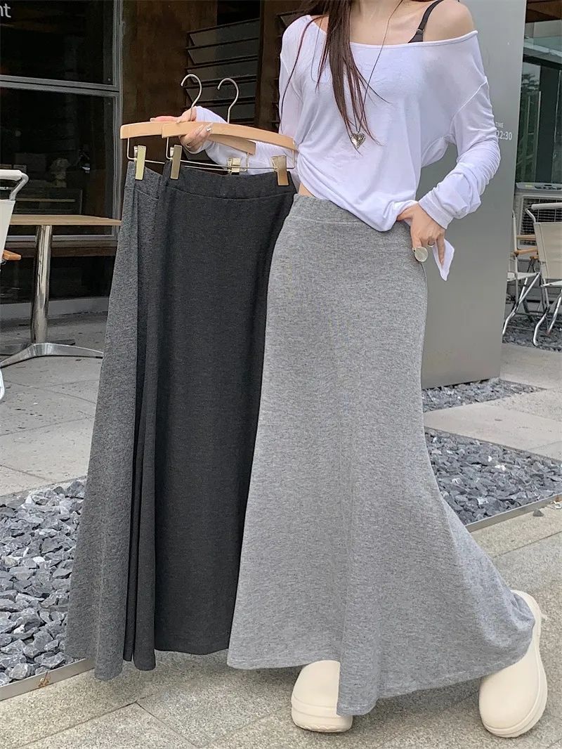 慵懶灰色鬆緊高腰春夏簡約垂感新款魚尾半身裙休閒顯瘦裙子長裙