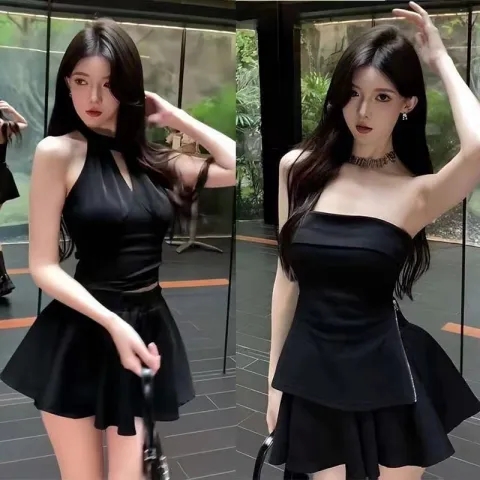 Sexy black halter neck skirt hot girl suit women 2025 strap suspender slim dress two-piece summer
