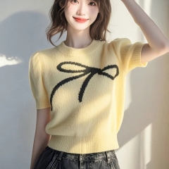 2025 summer new bow design and beautiful knitted sweater French niche knitted T-shirt short-sleeved base shirt