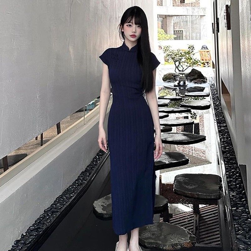 新中式女裝改良旗袍長裙赫本風氣質別致國風藏藍色連衣裙子女夏季