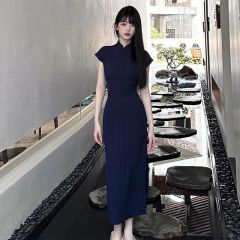 Modern Chinese-style Women's Improved Cheongsam Long Dress, Hepburn-inspired Elegance with Unique Charm&mdash;Traditional Chinese Aesthetic in Navy Blue, Perfect for Summer.