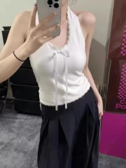 260克人棉花邊掛脖美背外穿內搭泰式小吊帶高級感純欲掛脖短上衣