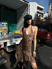 2025 Wild Factor Leopard Print Irregular Hem Dress with V-Neck Backless Design, Charming Strap Dress