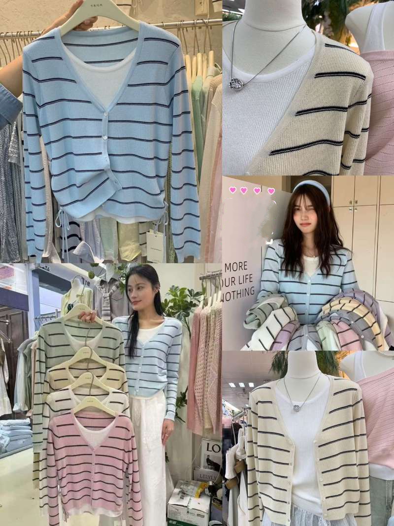 2025 spring fashion contrast color spliced ​​V-neck striped sweater for women drawstring design fake two-piece cardigan beauty