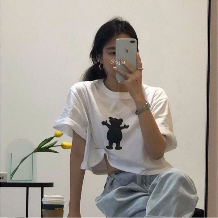 短袖t恤女趣味卡通小熊印花寬鬆學生短款高腰露臍上衣閨蜜裝
