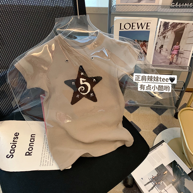 Towel embroidery 40 92 cotton 8 spandex mass five-pointed star design chic T-shirt for women