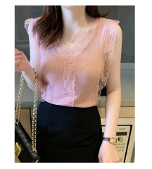 Sweet V-neck hollow lace knitted vest for women Korean style slim fit outside and sleeveless top bottoming shirt