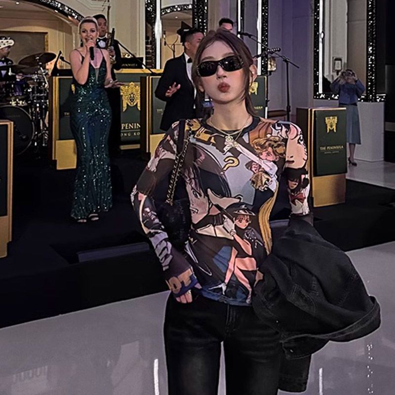 春夏網紗半透視印花漫感辣妹卡通T恤女修身長袖跨境上衣