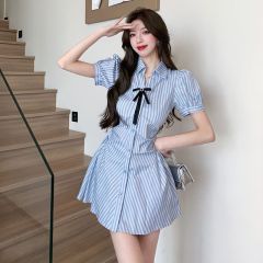 College style suit waist-hugging slim skirt striped shirt dress women summer high waist shorts fashion two-piece set