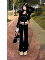 2025 early spring new black spliced ​​high-waist straight-leg sweatpants narrow version wide-leg high-end