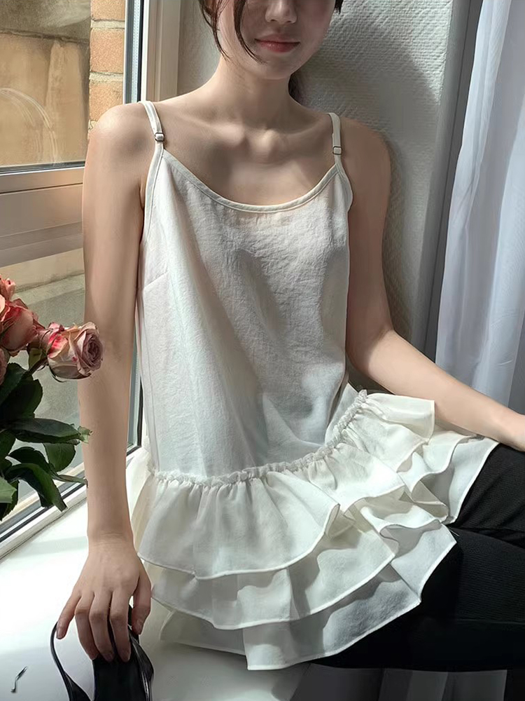 韓國chic春夏新款法式小眾荷葉邊拼接下擺設計寬鬆無袖吊帶背心女