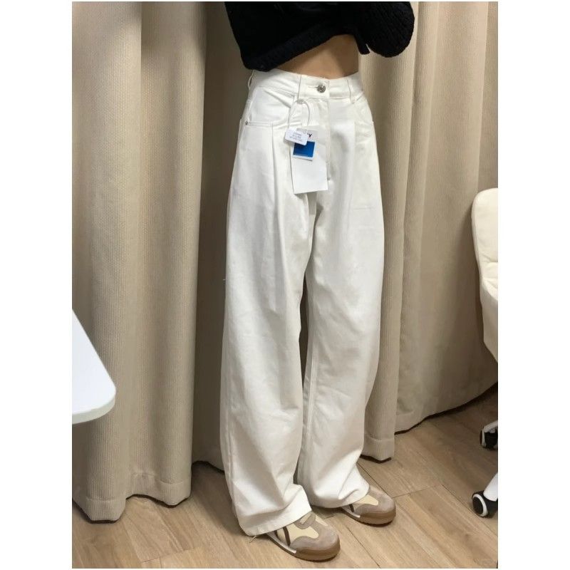 美式復古白色牛仔褲女2025夏季新款高腰垂感直筒褲子闊腿拖地長褲