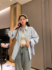 實拍 藍色POLO領長袖防曬襯衫夏季2025新款韓系中長款上衣女