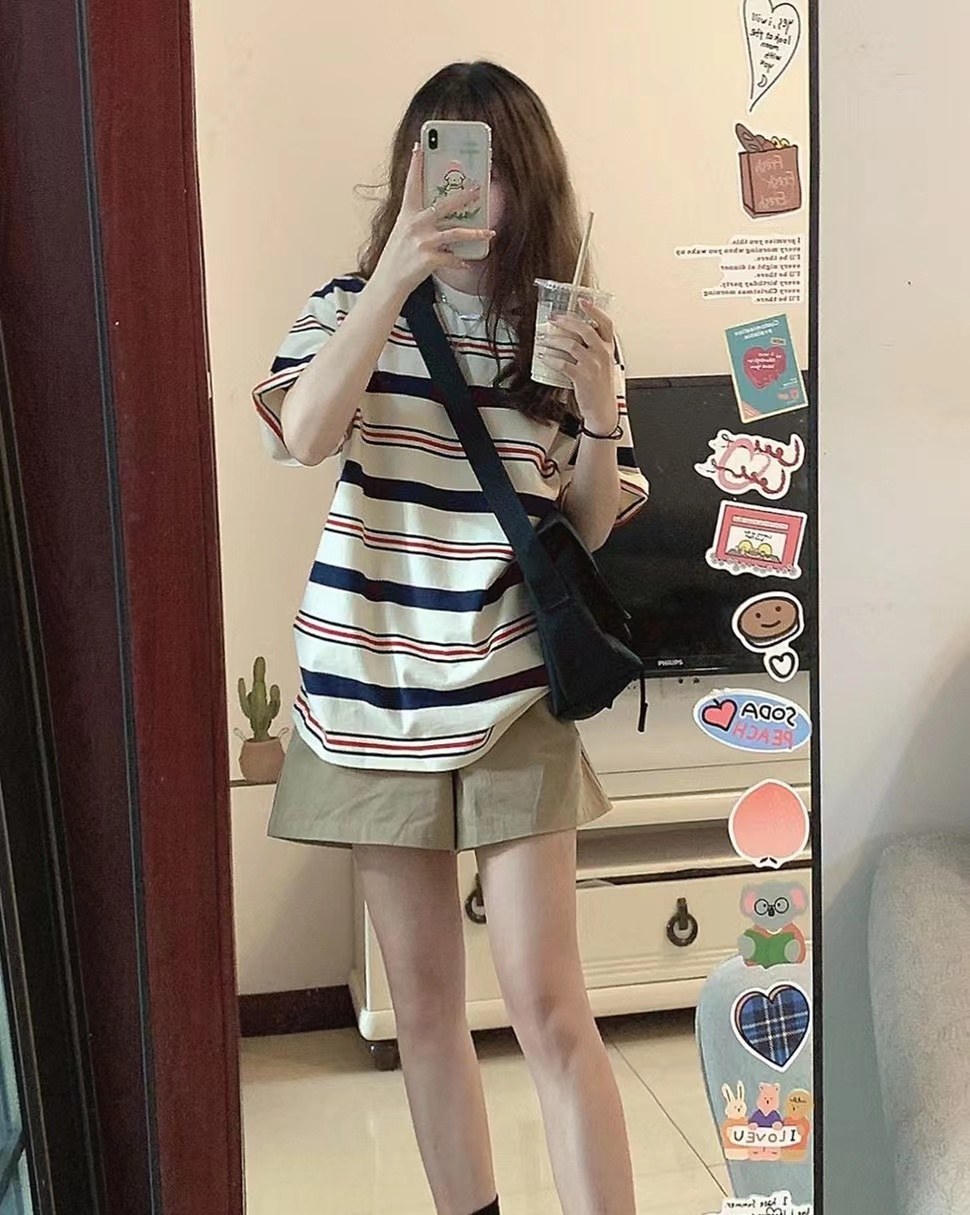 Official picture pure cotton 200g quality 240 jin large size printed short-sleeved striped T-shirt for women