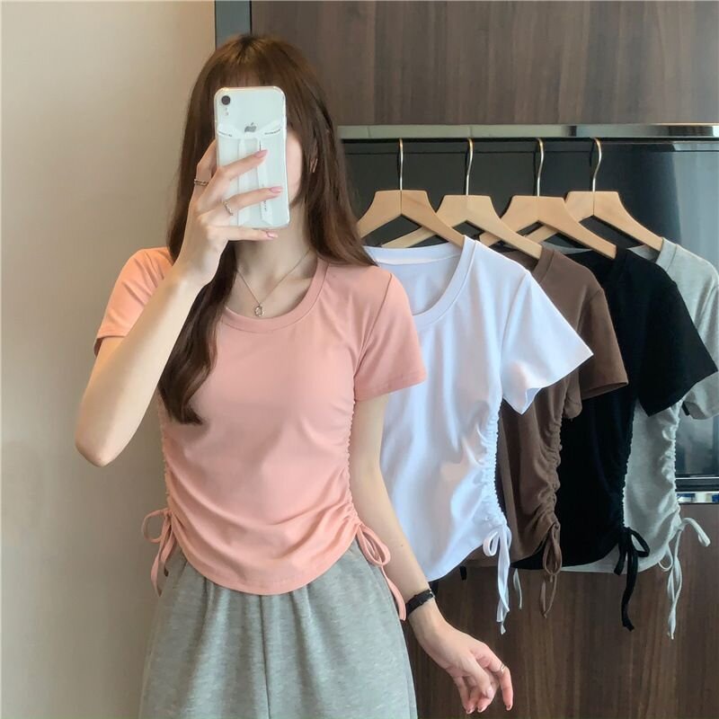 Short-sleeved T-shirt for women 2025 new summer Korean style design sense drawstring slim casual short student top trendy