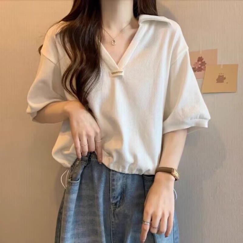 65 Minnie 250g retro vneck vintage shoulder loose polo shirt for women