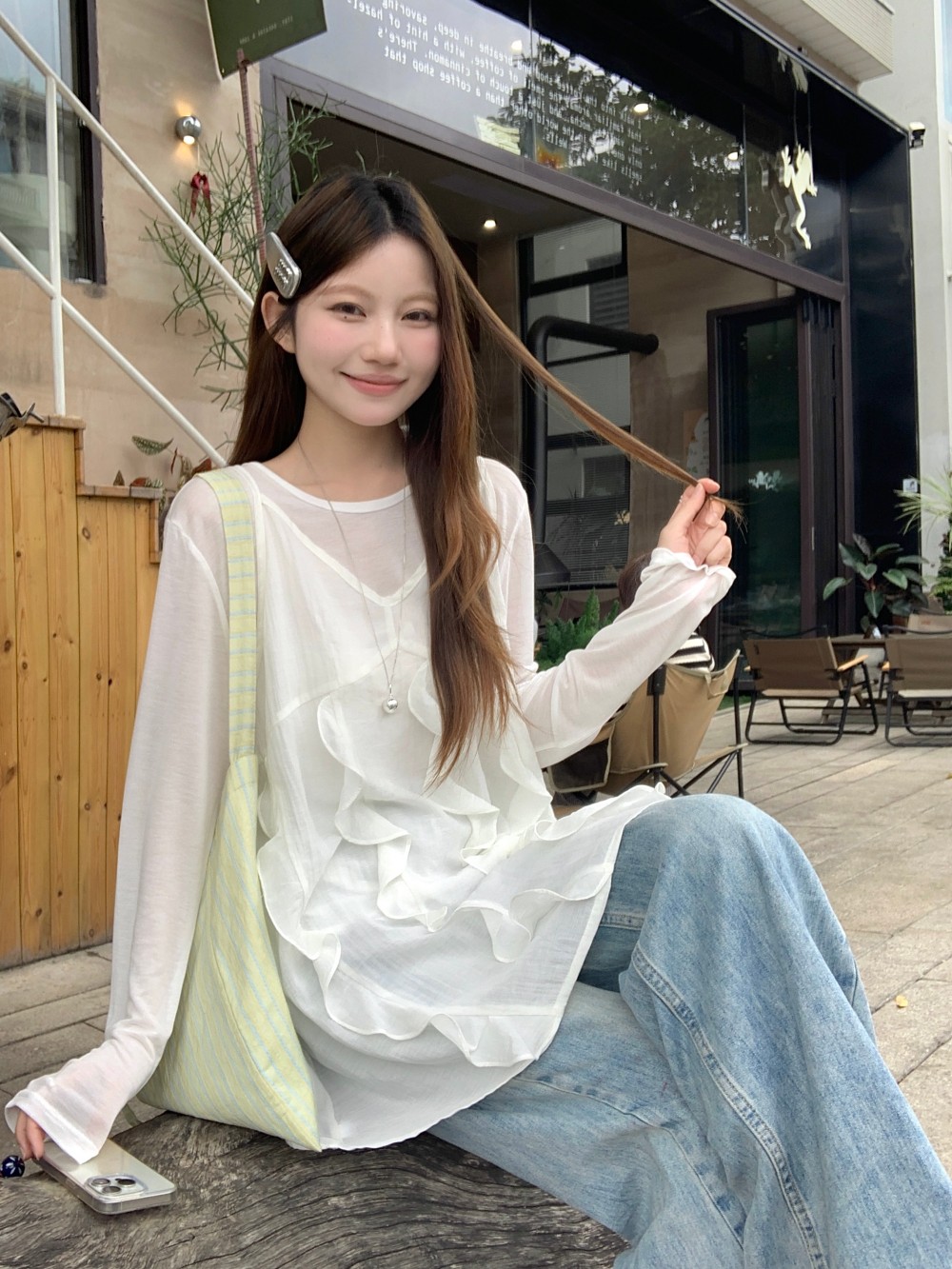 Real shot, long-sleeved T-shirt inside + ruffled solid color suspender skirt design short skirt two-piece suit for women