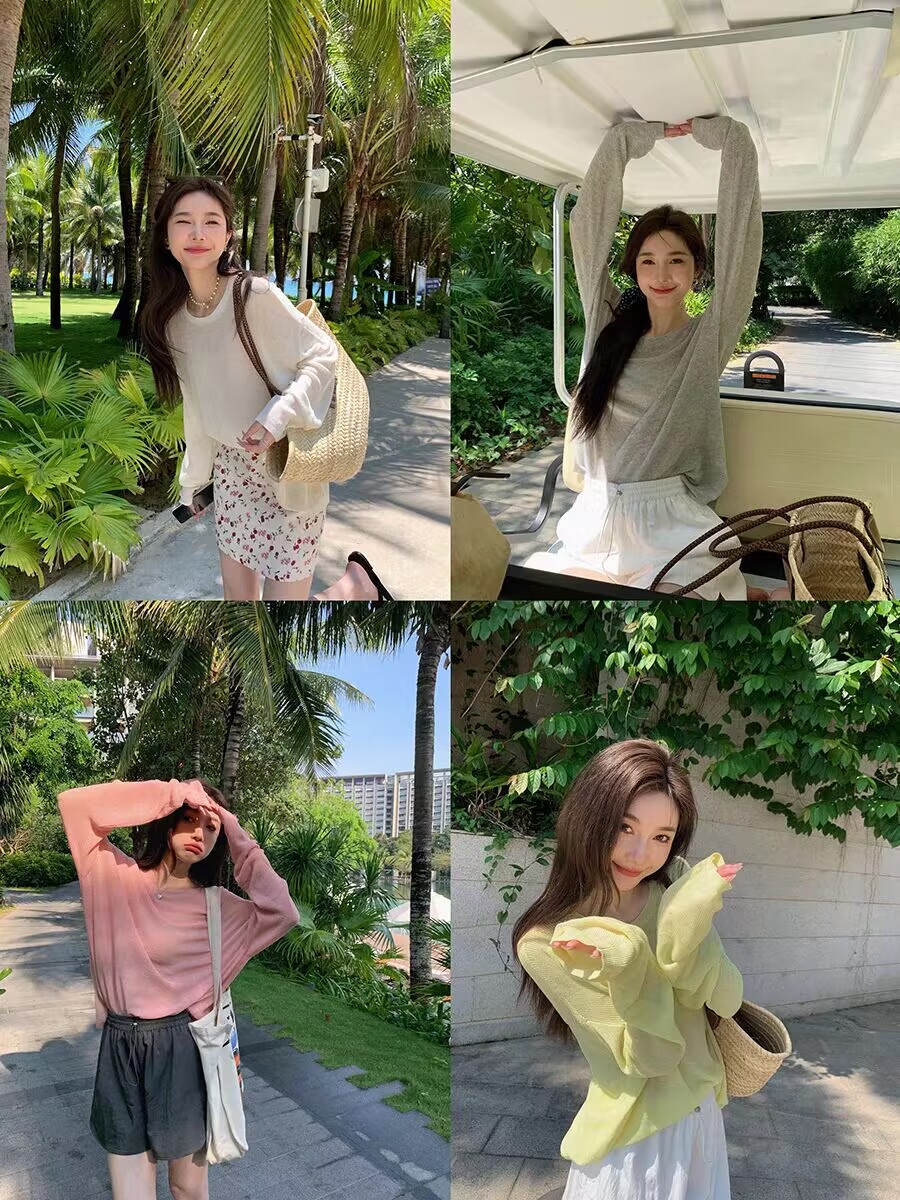 Zhang Beibei Tennis linen round neck sunscreen sweater for women in summer new loose slim solid color long-sleeved top