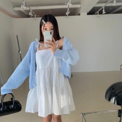 韓國chic 新款吊帶連衣裙女夏季新款高腰顯瘦百搭蓬蓬裙