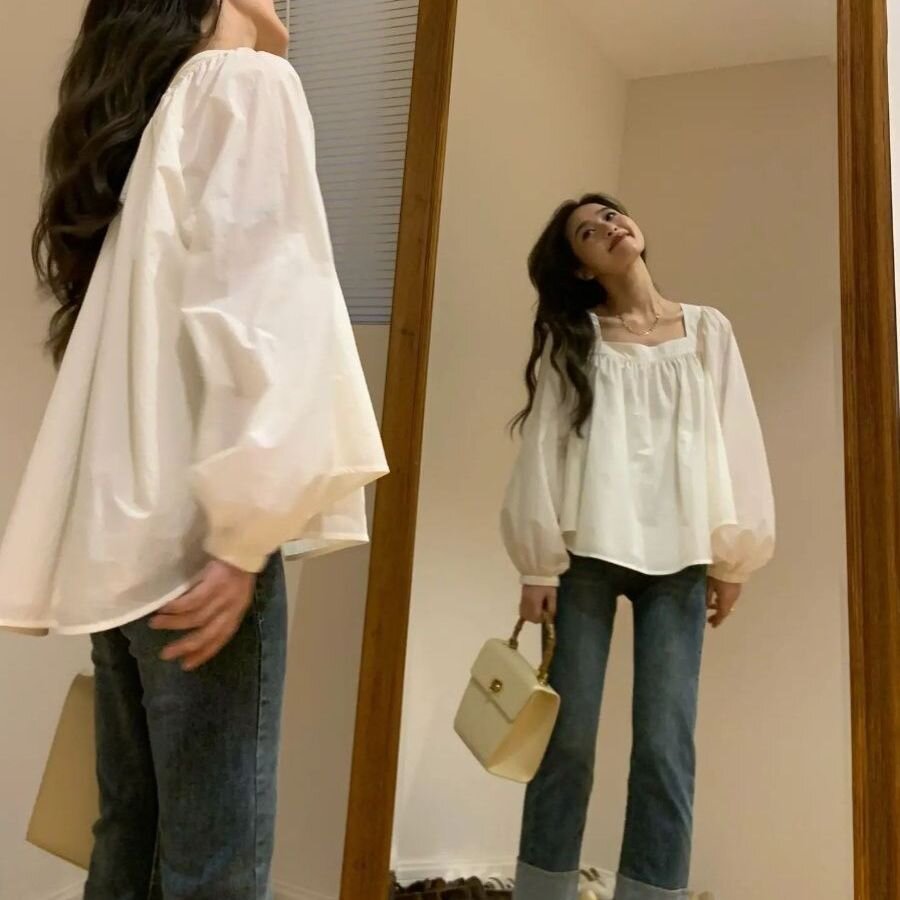 French retro square collar puff sleeve shirt for women in summer white shirt sunscreen loose high-end chiffon top
