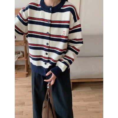 Korean round neck embroidered contrasting stripes single-breasted long-sleeved knitted cardigan sweater jacket for women