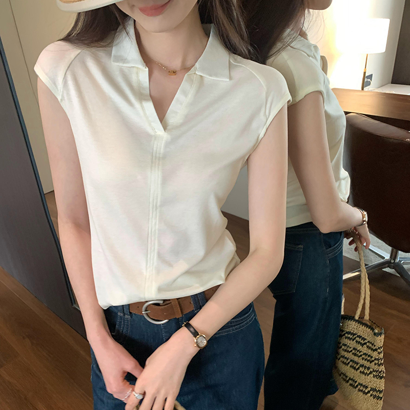 Real photo of polo neck small flying sleeve T-shirt for women in summer new design unique small top