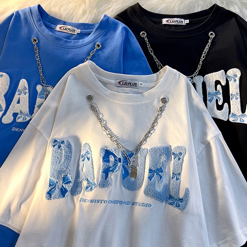 Official picture 100% cotton back bag collar and shoulder embroidered design chain short-sleeved T-shirt for men and women
