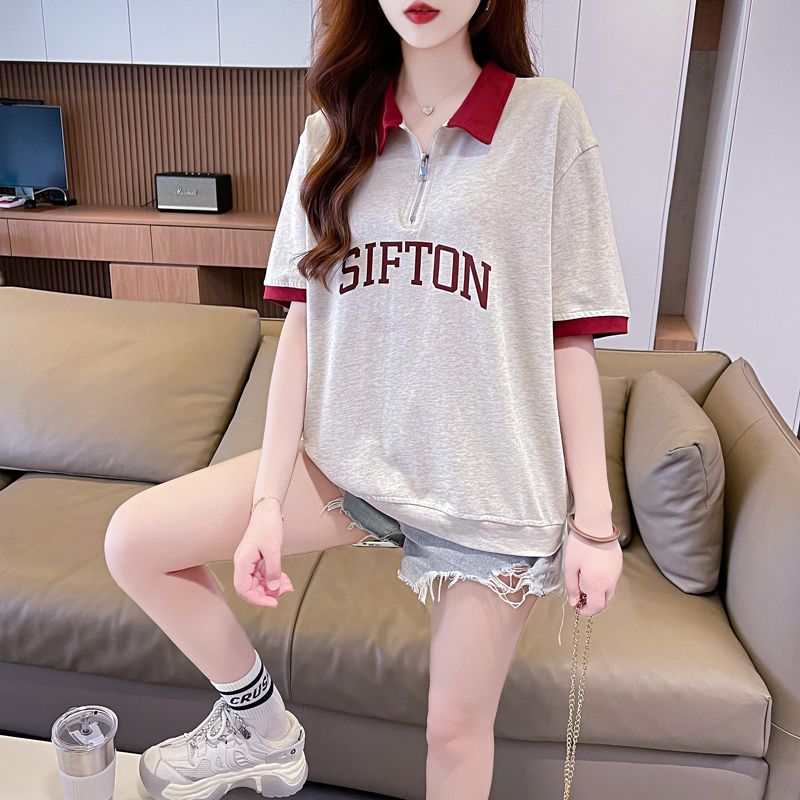 Real shot of 2025 summer Korean version 200g pure cotton color-blocking polo shirt large size short-sleeved T-shirt for women