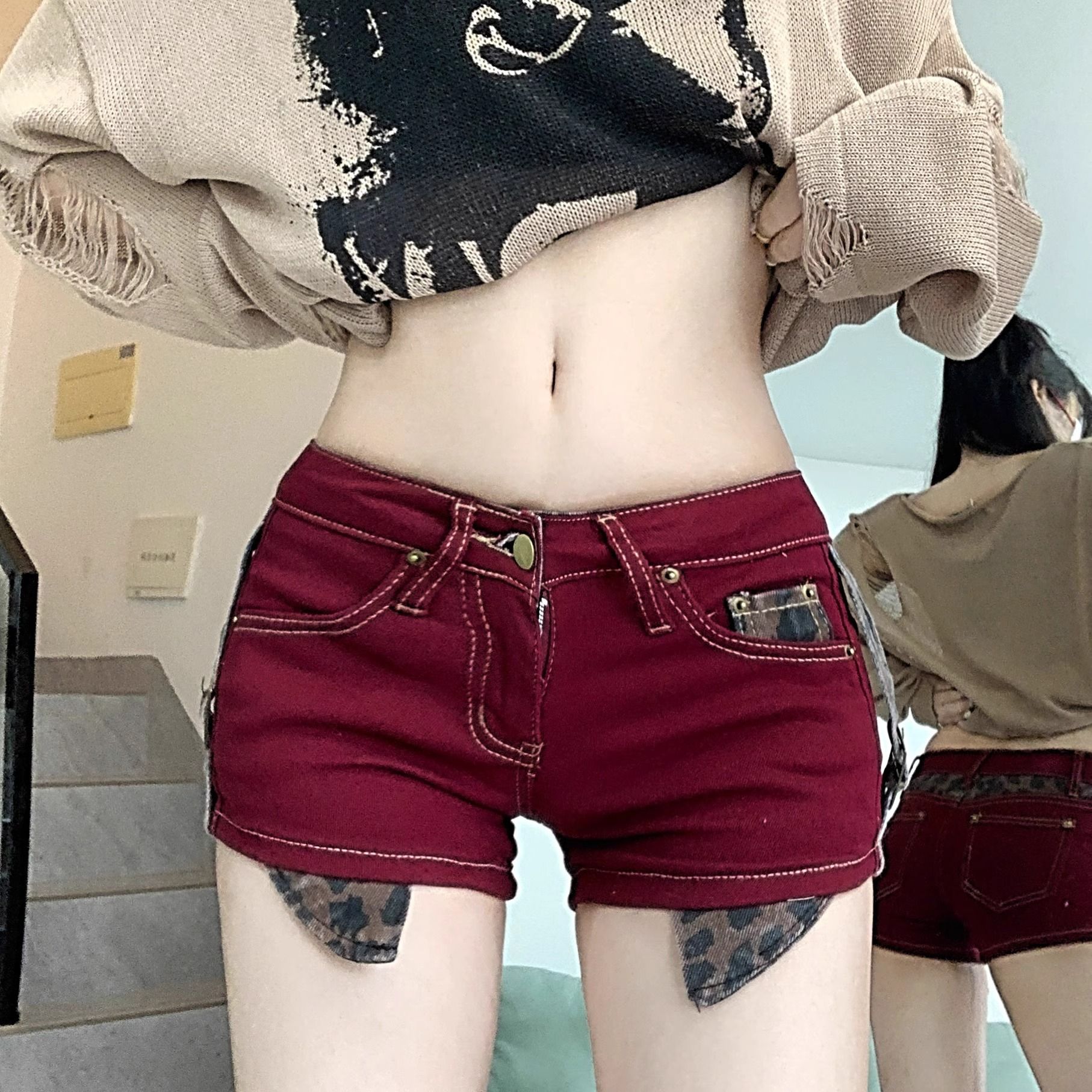 外貿超短褲女亞比風美式熱辣復古豹紋拼接低腰a字包臀牛仔熱褲