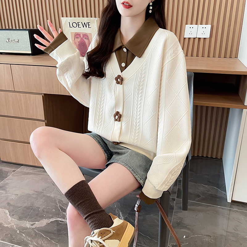 First real-time jacquard 100 polyester autumn and winter new jacquard versatile OP neck loose sweatshirt for women
