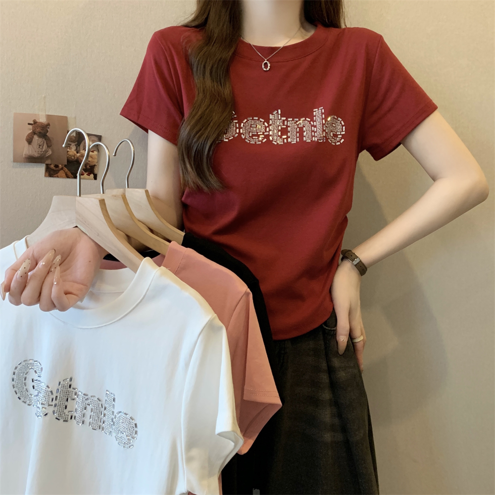 實拍 夏季韓版設計感褶皺燙鑽字母打底衫女新款收腰短袖T恤女