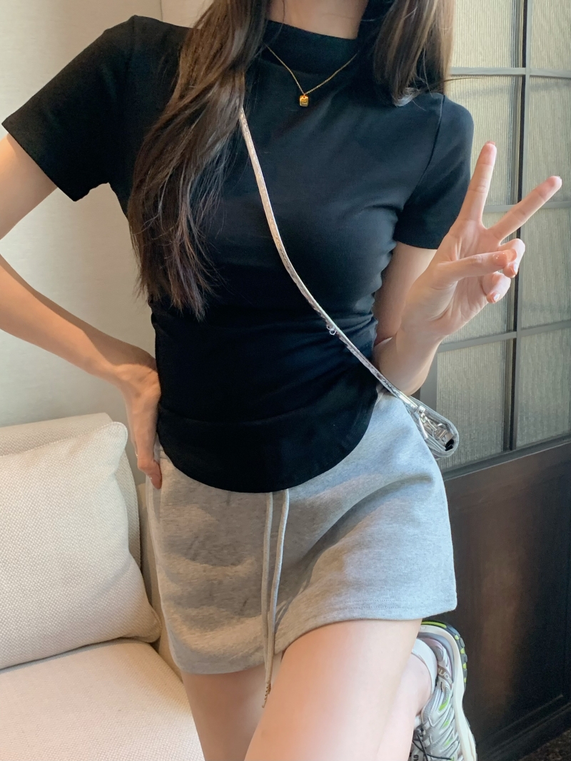 實拍 夏季韓版百搭設計感收腰圓領打底衫女新款半高領短袖T恤女