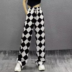 黑白格闊腿褲女夏新款韓版寬鬆小眾設計感百搭休閒褲