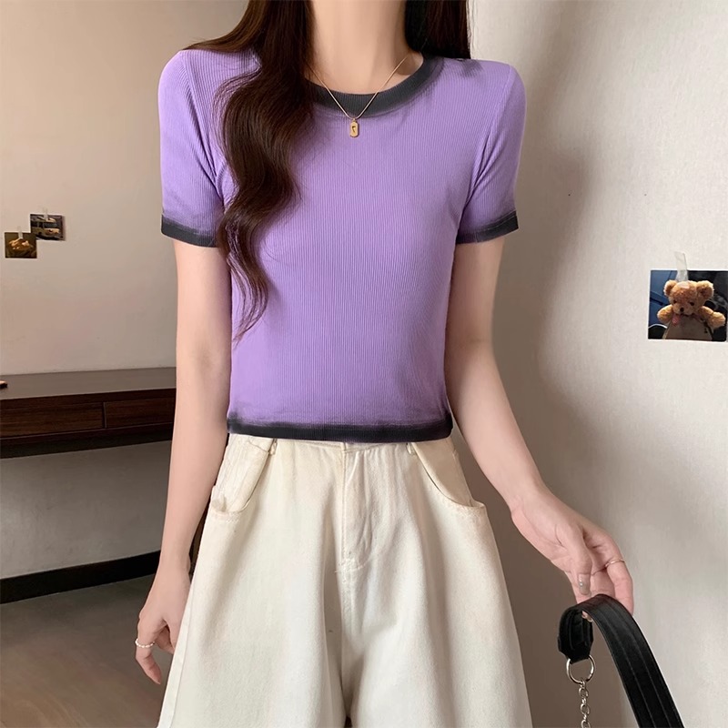 Real shot of 92 cotton 8 spandex, 220g back collar, new summer gradient color short-sleeved T-shirt for women