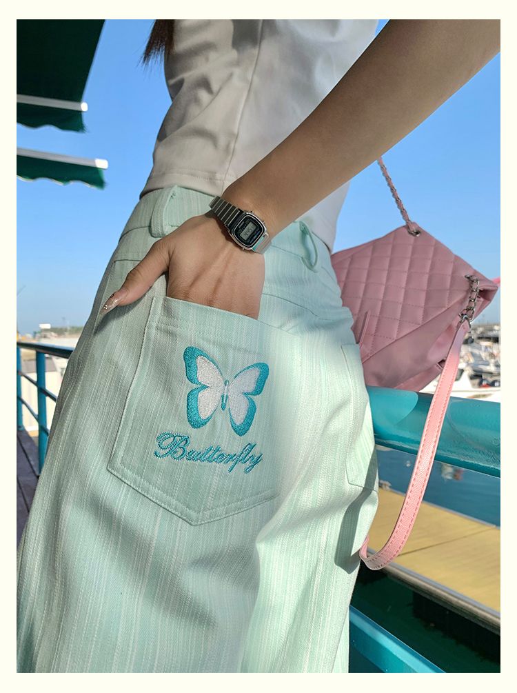 Three-dimensional waist embroidered straight-leg casual pants for women 2025 early spring new wide-leg pants floor-sliding trousers