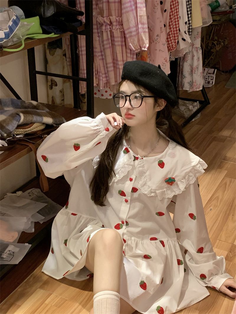 春季2025甜美韓系長袖連衣裙女新款草莓重工印花娃娃領寬鬆裙子