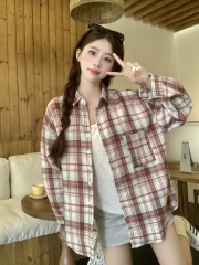 實拍辣妹復古格紋長袖襯衫女春秋純欲慵懶風寬鬆休閒格子襯衣上衣