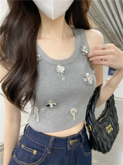 Real shot design three-dimensional handmade beads and flower elastic knitted suspender vest for women summer slim body