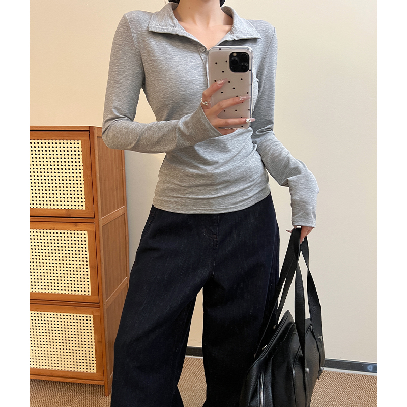 Real shot #polo shirt, front shoulder, long sleeve T-shirt for women in early spring American hottie button tops underwear base shirt
