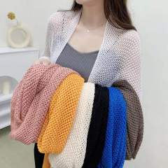 Mesh Ice Silk Knit Collar Support Neck Summer Sun Protection Cardigan Outerwear for Women Short Length Scarf Air Conditioner Shirt Thin Jacket