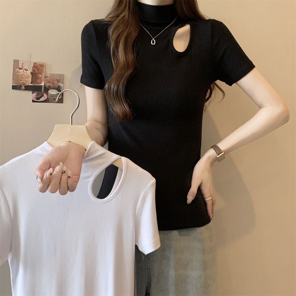 Real shot 40 pure cotton 210g 92 cotton/8 spandex half high neck short sleeve T-shirt for women